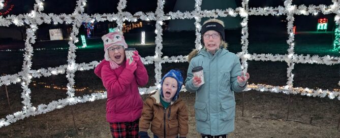 three children enjoying Christmas lights